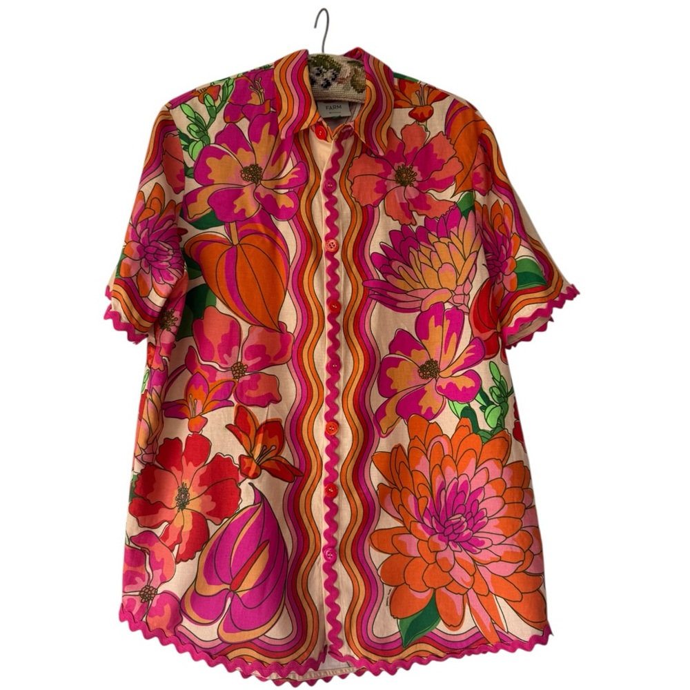 Pending FARM Rio Spring Affair Floral Linen Button Top Ric Rac Applique M - Picture 2 of 6